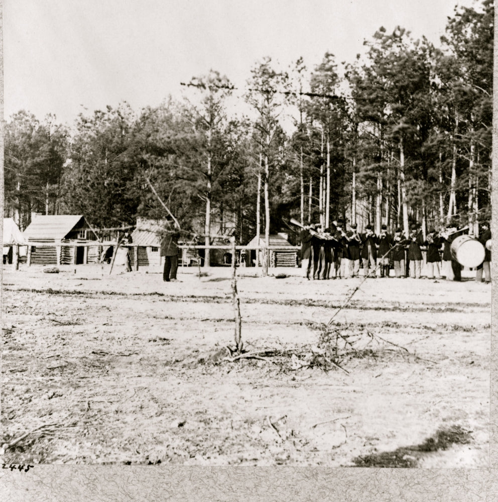 General Weitzel's Headquarters, 18th Corps Poster Print featuring army band and log buildings.
