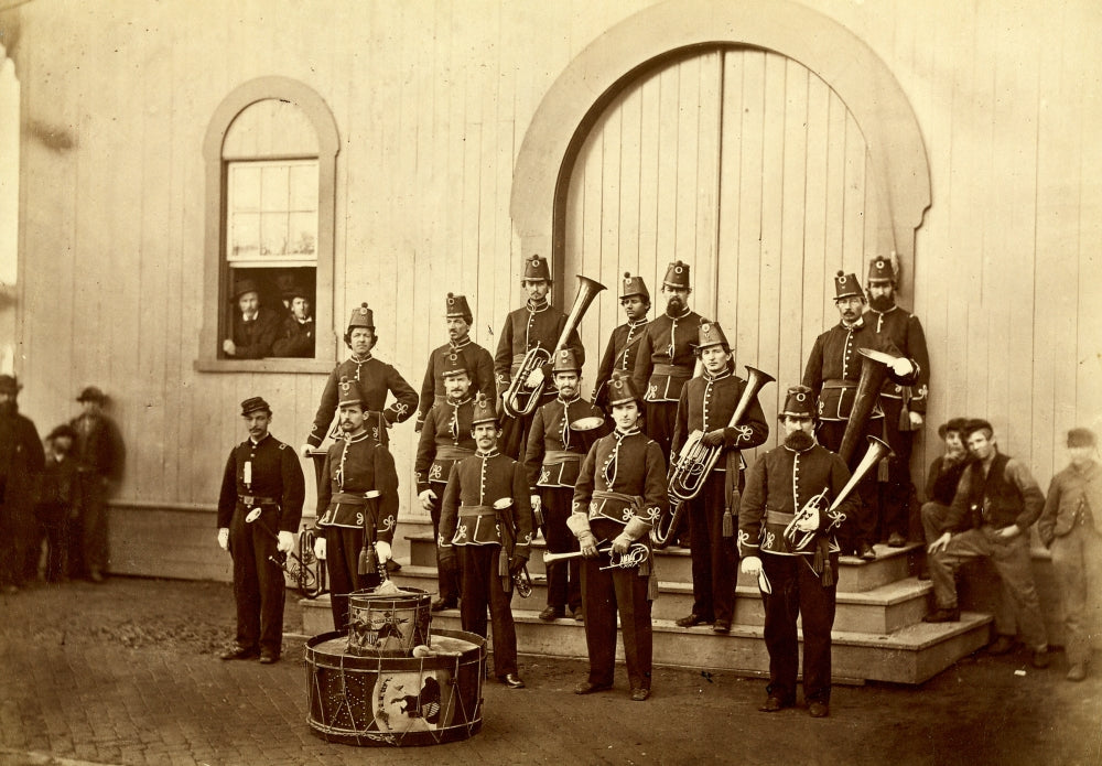 Band of 10th Veteran Reserve Corps group portrait poster print featuring uniformed band members and drums.