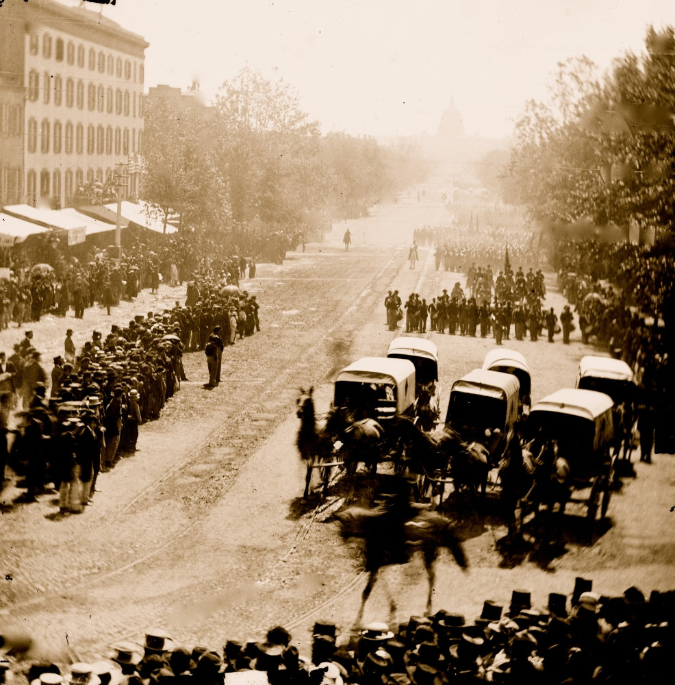Washington D.C. ambulance procession poster print featuring band and infantry on Pennsylvania Avenue.