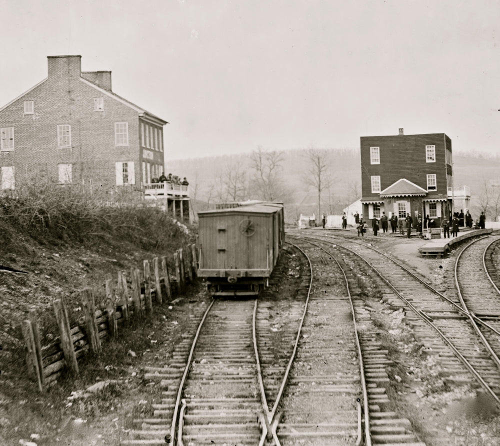 Hanover Junction, Pennsylvania view of railroad station and boxcars poster print.