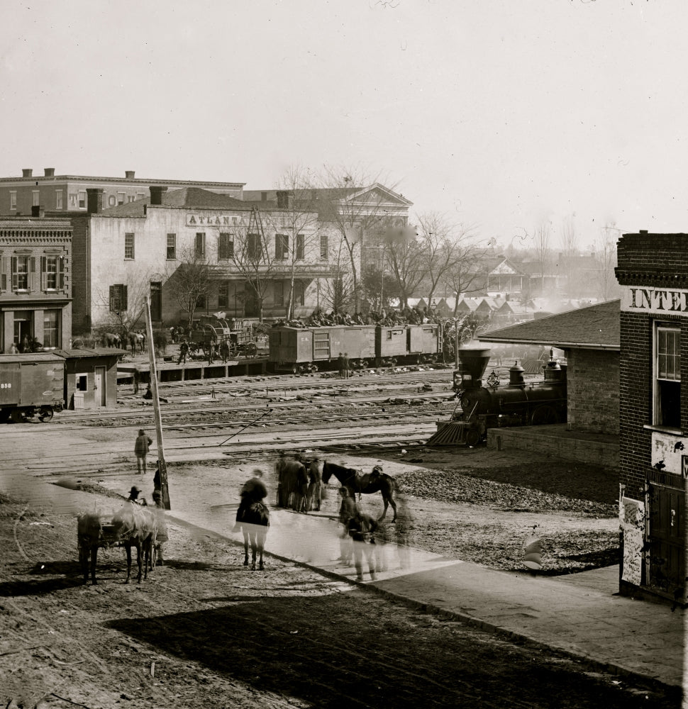 Atlanta Soldiers on Boxcars historic print at railroad depot 1864