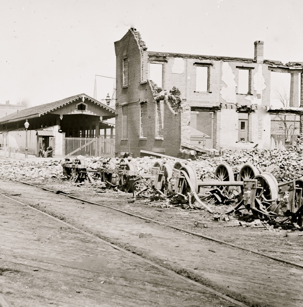 Richmond, Va. Wheels and Burned Railroad Cars Poster Print showcasing historical railroad imagery.