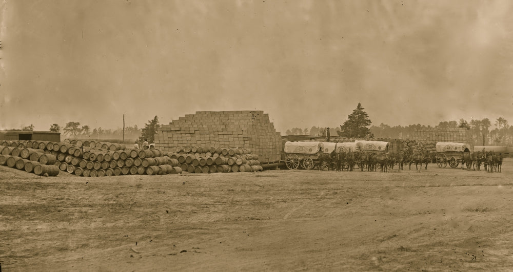 Cedar Level, Va. Commissary Depot poster print featuring supply train wagons.