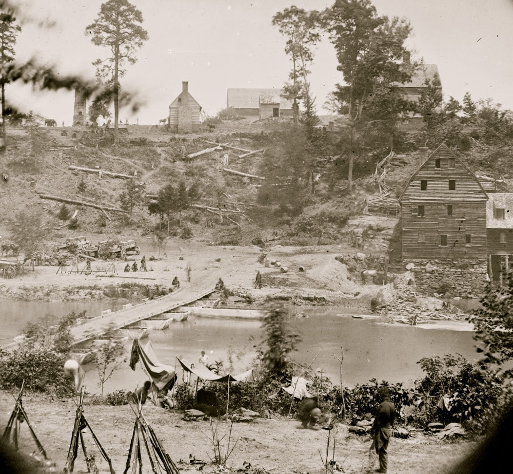 View of Jericho Mills and the pontoon bridge poster print