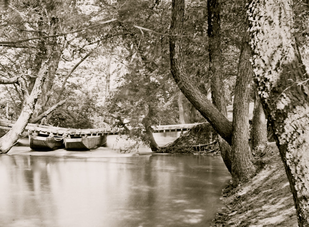 Taylor's Bridge poster print featuring the pontoon bridge over the North Anna River in Virginia.