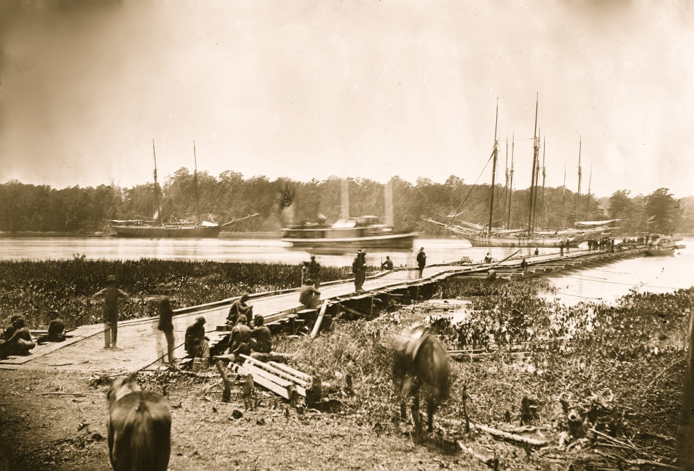 James River Pontoon Bridge Poster Print showcasing serene landscape.