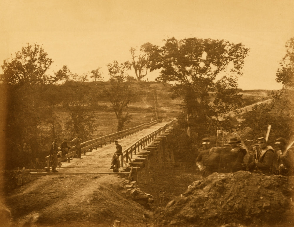 Chesterfield Bridge poster print featuring soldiers near the North Anna River in Virginia.