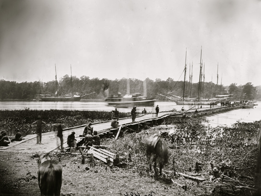 James River Pontoon Bridge Poster Print showcasing serene landscape.