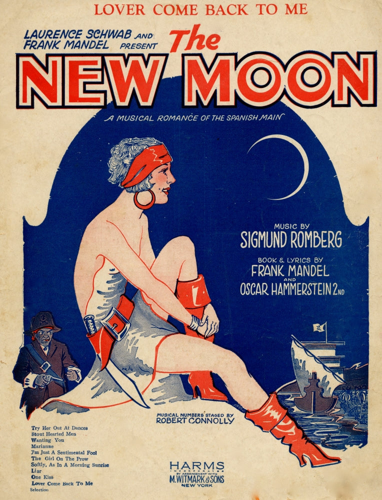 A Musical Romance of the Spanish Main poster print featuring a girl in pirate attire and a ship at sunset.