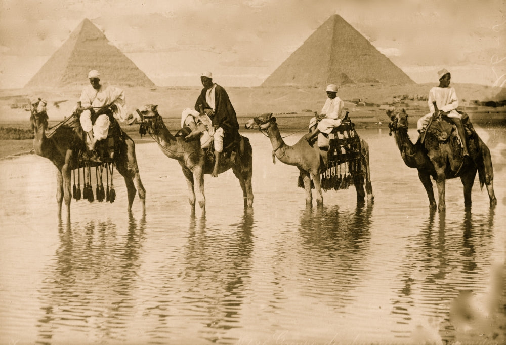 Camel Men & Pyramids in Egypt Reflecting on the Nile Poster Print