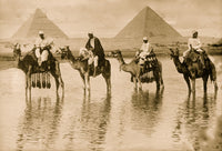 Camel Men & Pyramids in Egypt Reflecting on the Nile Poster Print