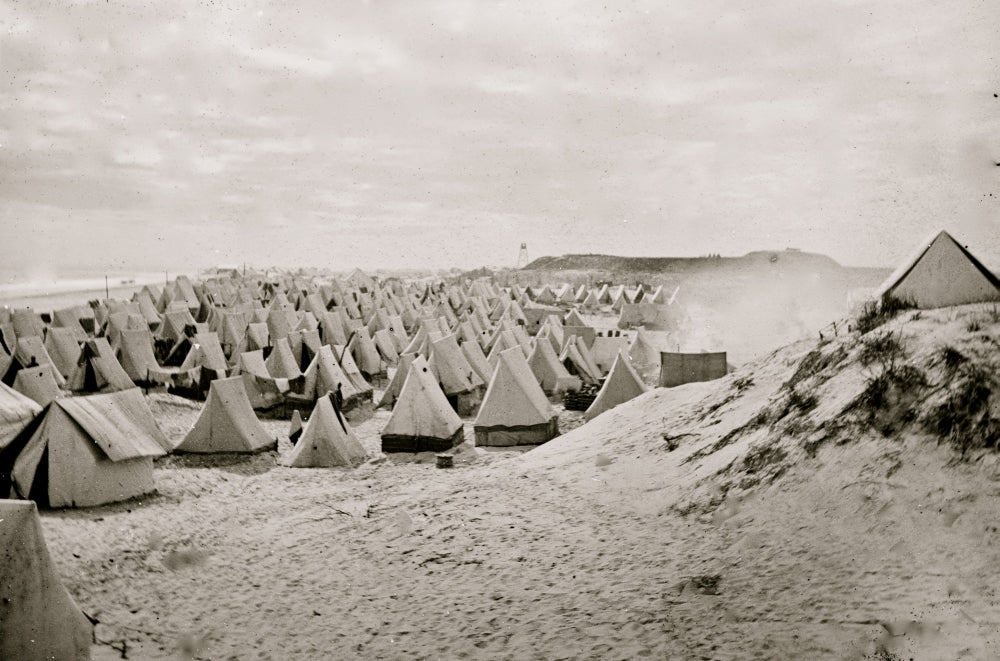 Federal Camp on Beach Poster Print showcasing serene coastal beauty.