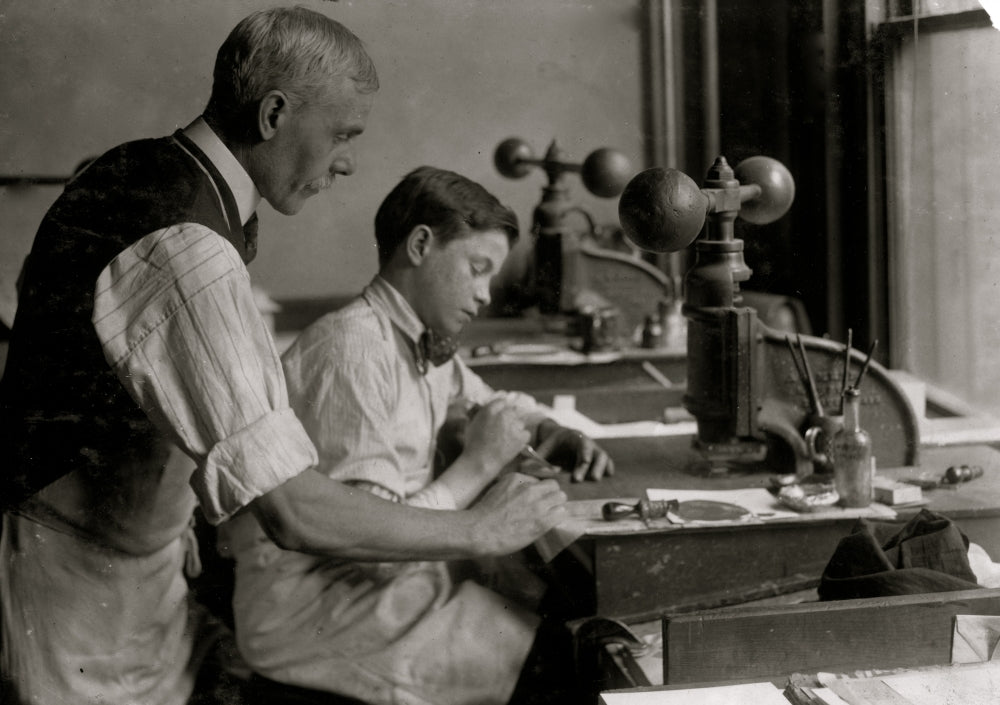 14-Year-Old Fred working in Harry C. Taylor's embossing shop poster print.