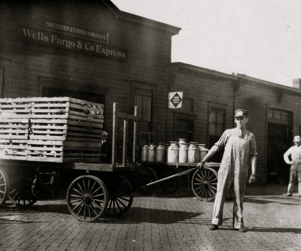 Expressman Hauls Cart of Crates at Wells Fargo Depot Poster Print