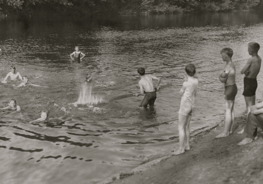 The Swimming Hole Poster Print depicting a group of boys working at Galpin's Farm in Southwick, Massachusetts.