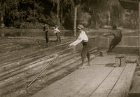 Lyman Frugia river-boy poster print showcasing hard work at a lumber mill.