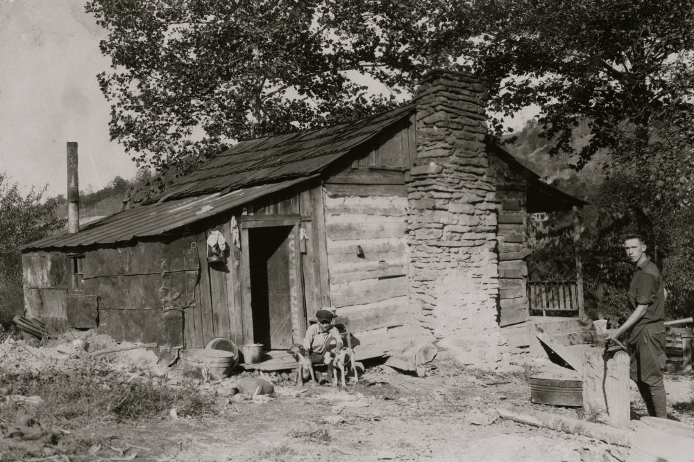 A Little Log Cabin nostalgic poster print showcasing a quaint log cabin