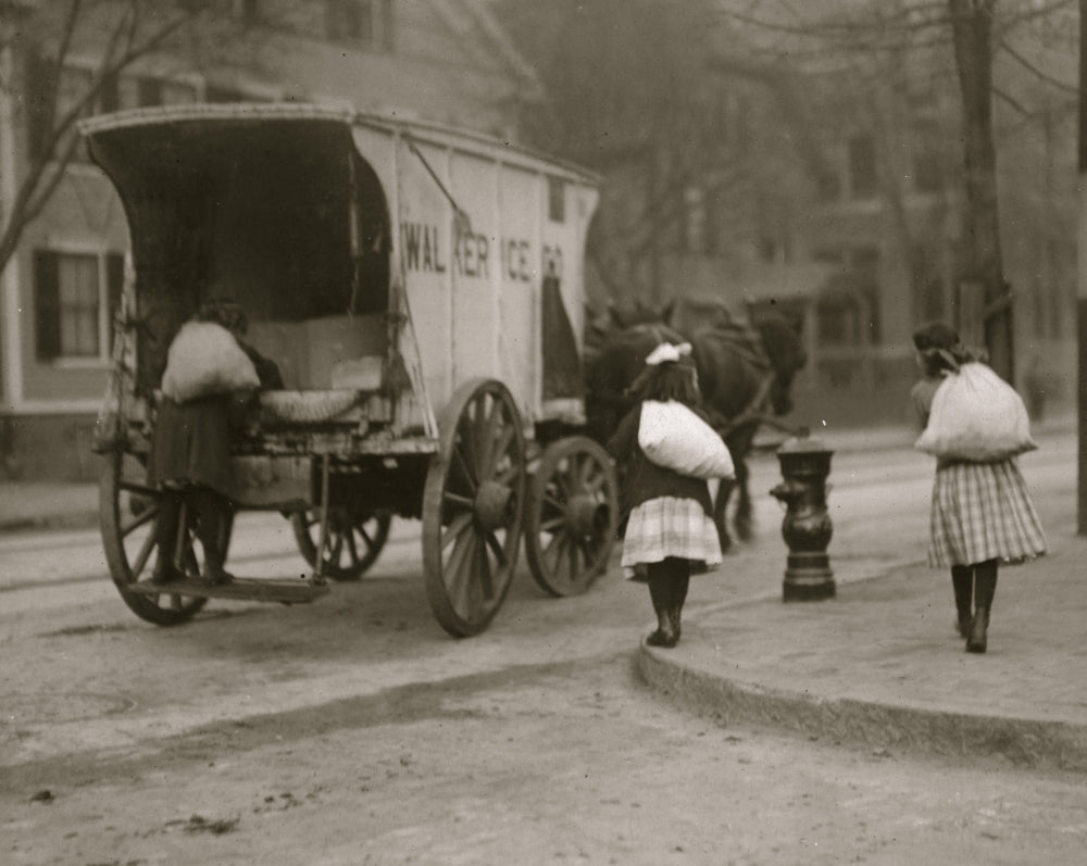 Poster print depicting girls delivering ice in sacks to homes, vintage scene.