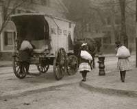 Poster print depicting girls delivering ice in sacks to homes, vintage scene.