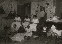 Stringing Wooden Buttons poster print depicting a family crafting scene.