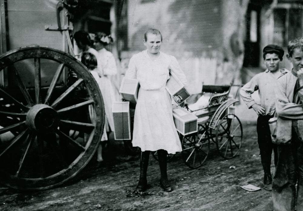 Girl with Heavy Load Poster Print on premium heavy stock paper.