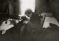 Poster print of Making Hair-Goods in a Tiny Hall-Bedroom, showcasing Mrs. Chassin's workspace.