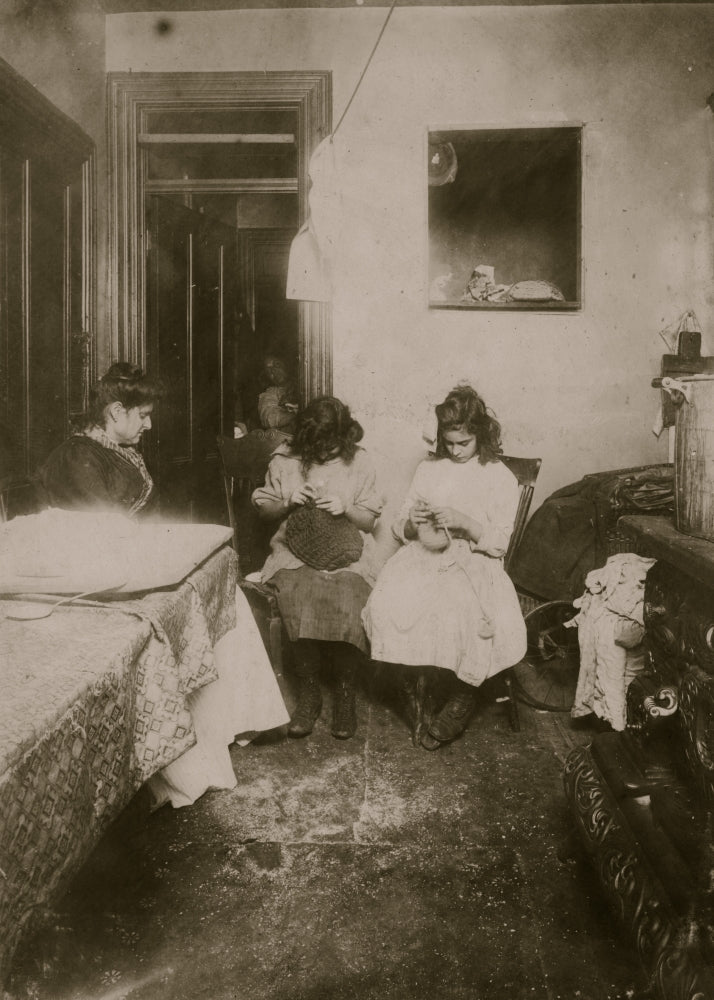 Florence Valentino and Jennie crocheting hats in Bronx tenement poster print.