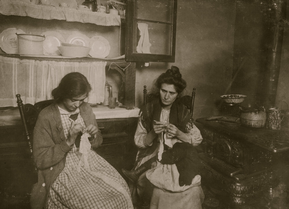 4:00 P.M. Making Lace Collars at Home Poster Print featuring a woman crafting lace collars.