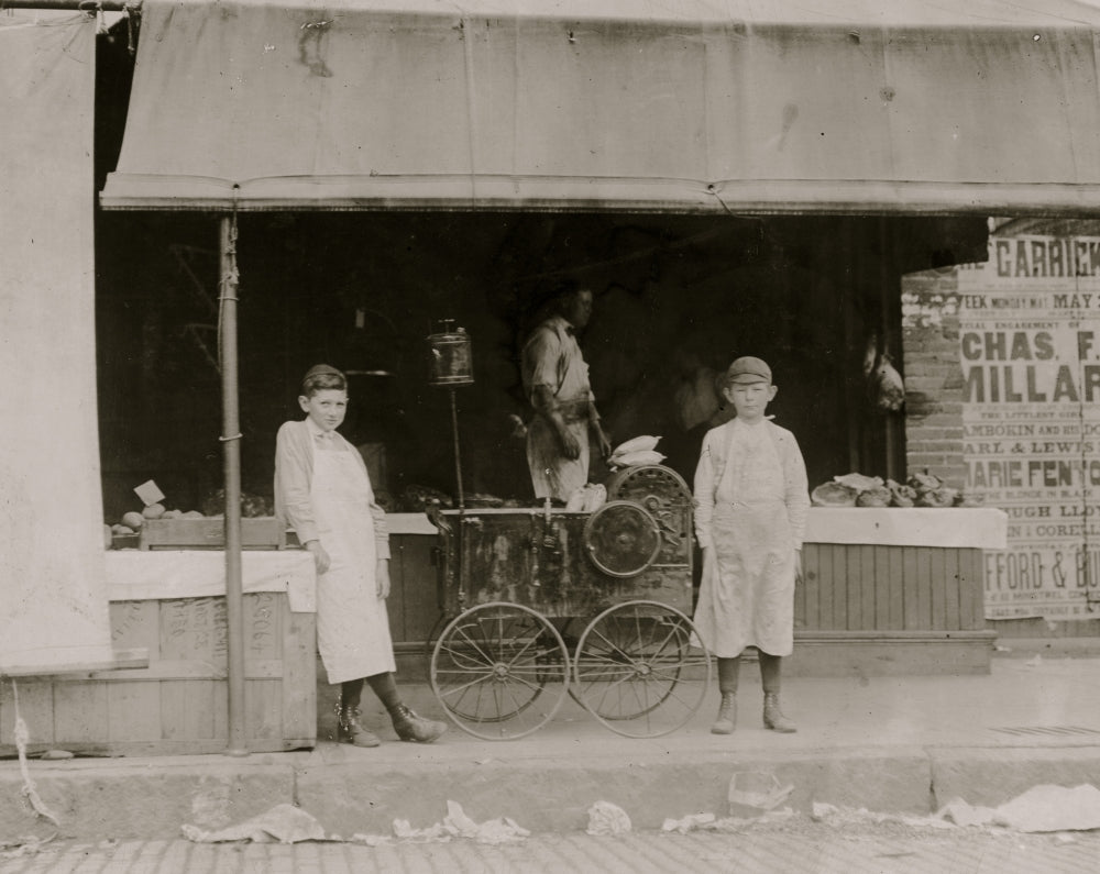 Young Market Vendors poster print featuring children at a vegetable stand.