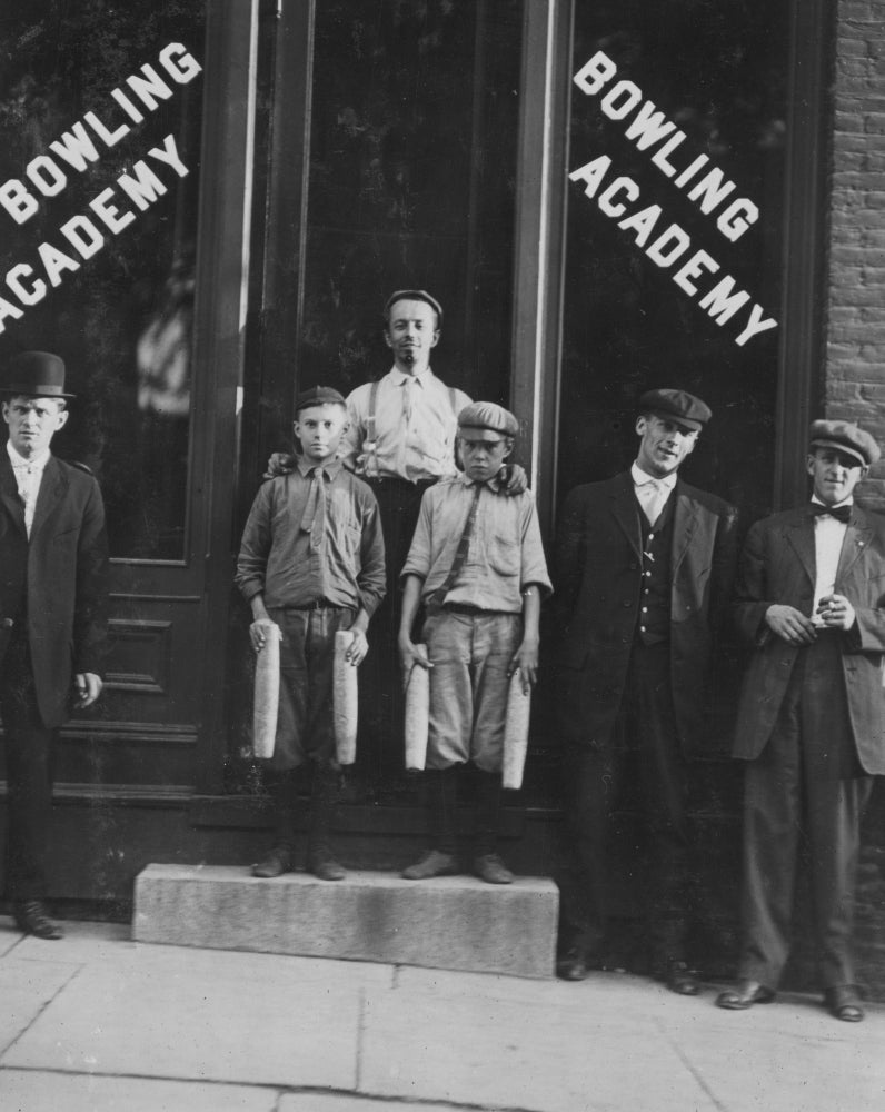 Two Pin Boys at Bowling Academy Poster Print showing two boys working late