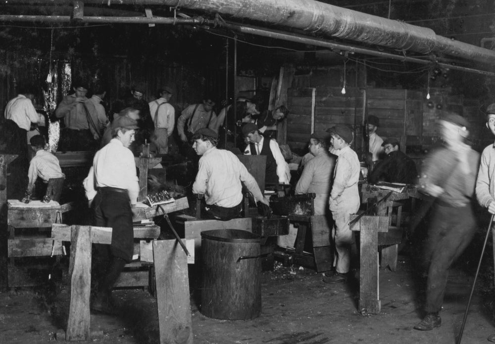 A Midnight Scene in More-Jones Glass Works Poster Print featuring a small boy in Bridgeton, NJ.