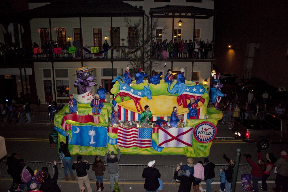 Mardi Gras Celebration Poster Print featuring colorful beads and Moon Pies