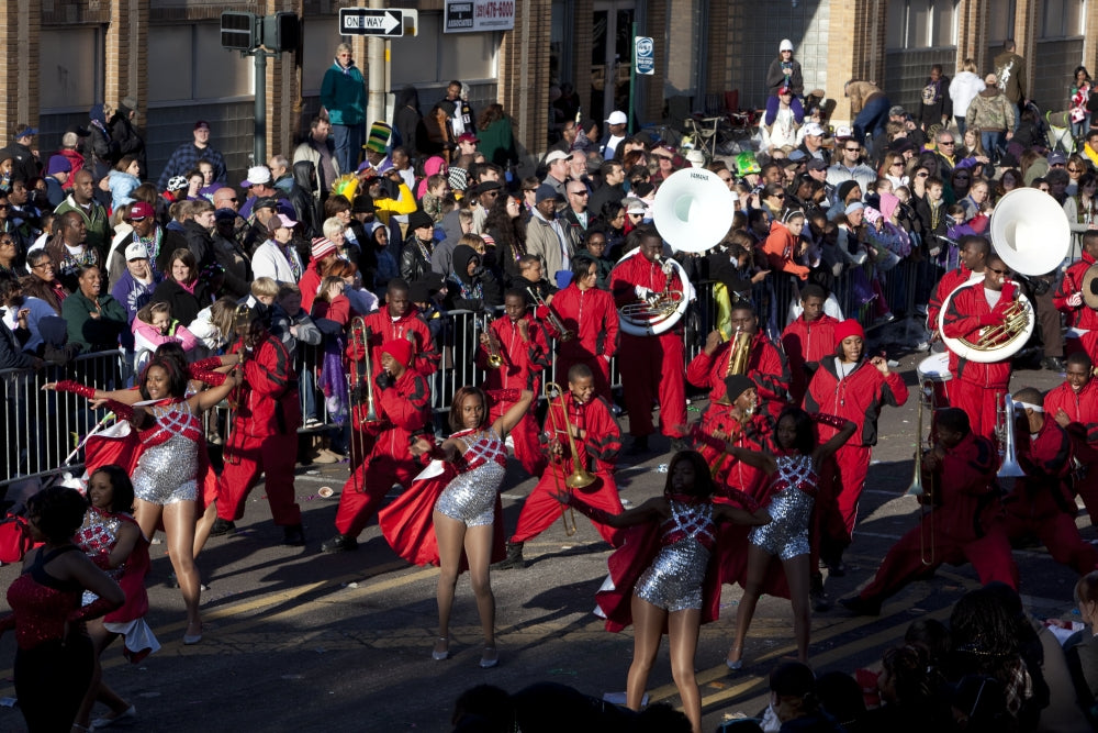 African American band playing horns in Mardi Gras Parade, Mobile Alabama poster print by Carol Highsmith.