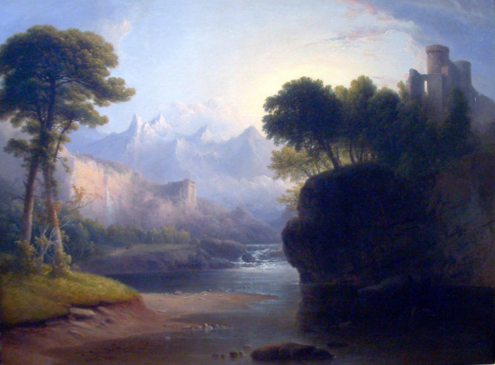 Mountains and River with a Norman Castle on the Cliffs poster print by Thomas Doughty.