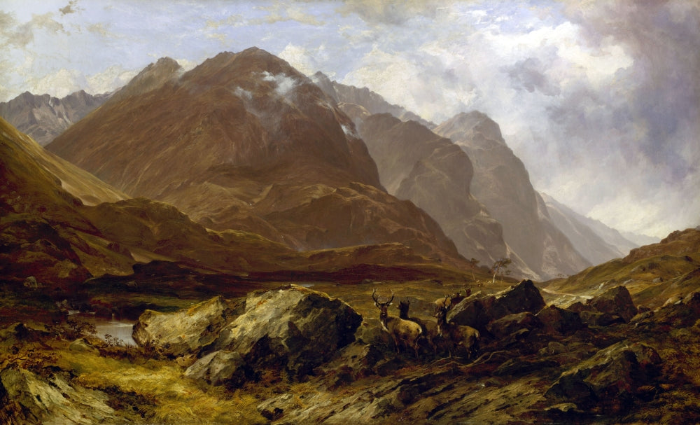Mountains in Scotland poster print by Horatio McCulloch depicting scenic highlands with deer and stags