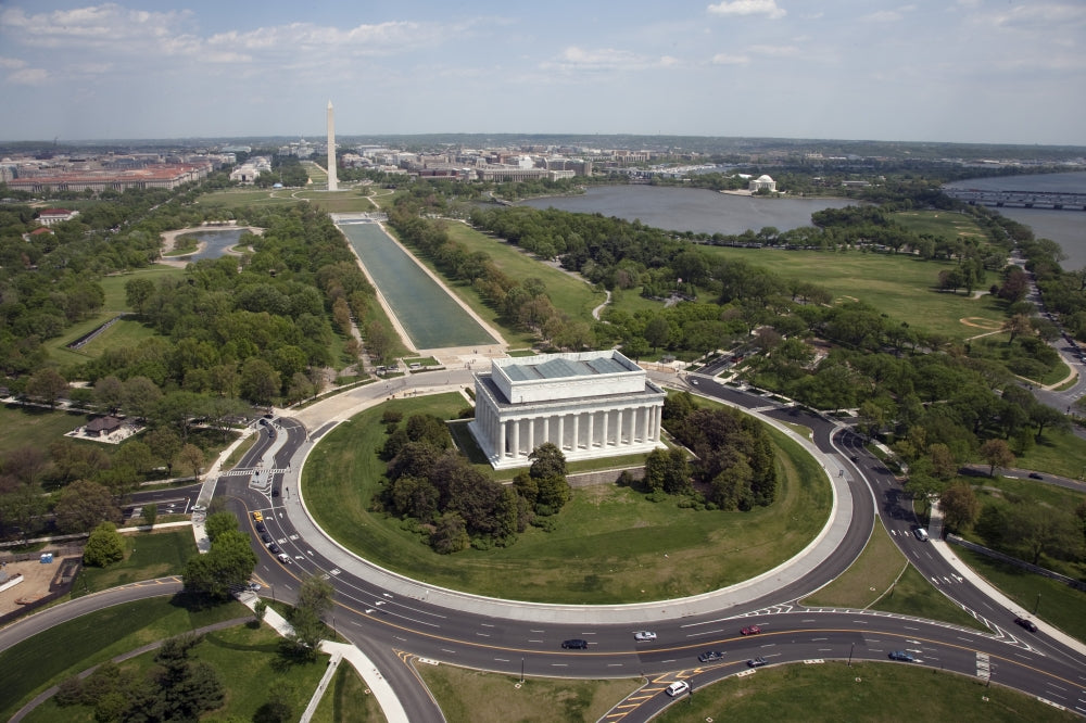 Aerial view of Washington D.C. showing Lincoln Memorial and U.S. Capitol