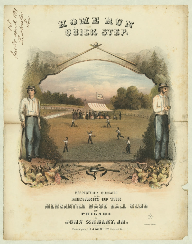 Home Run Quick Step vintage sheet music cover poster print featuring baseball players and spectators.
