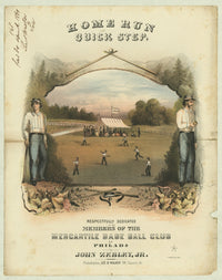 Home Run Quick Step vintage sheet music cover poster print featuring baseball players and spectators.
