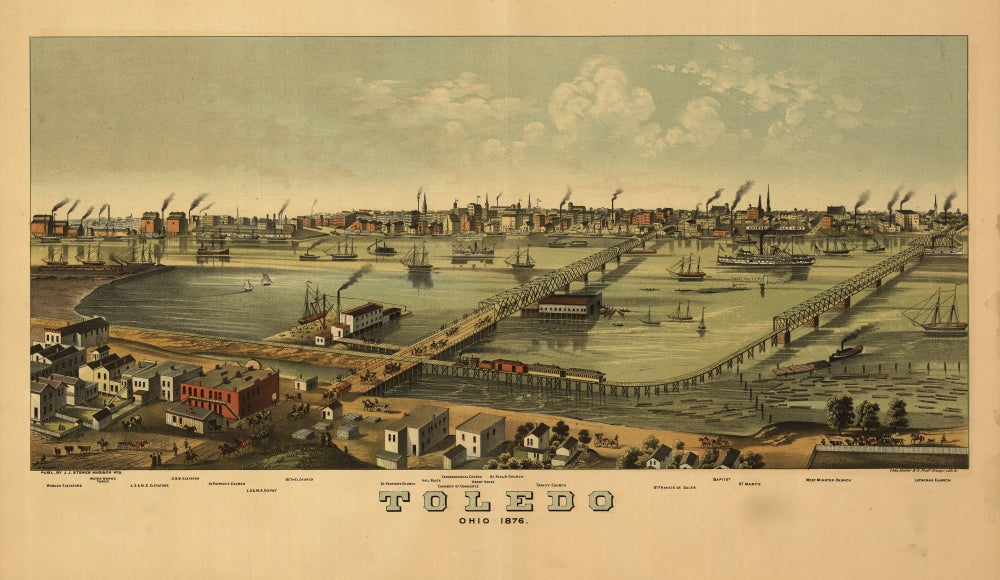 Toledo, Ohio 1876 historic poster print showcasing the city's landscape