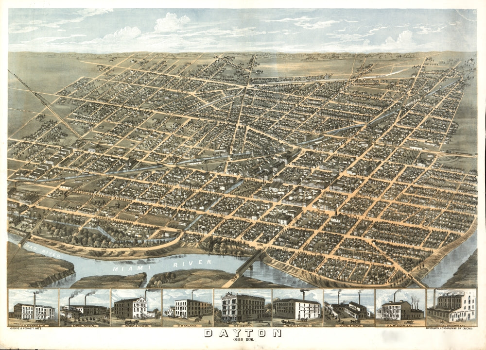 Dayton, Ohio 1870 Vintage Poster Print showcasing historical architecture