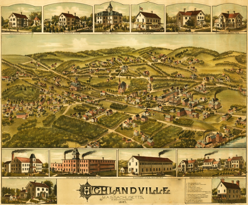 Highlandville Massachusetts 1887 Poster Print showcasing a vintage town scene.