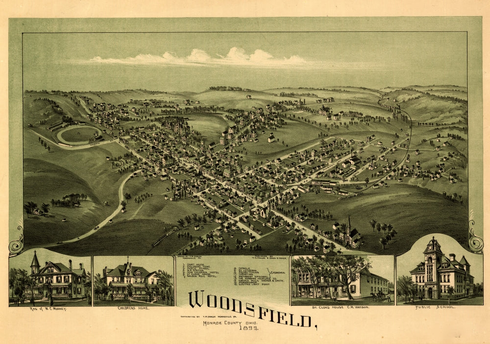 Woodsfield, Ohio 1899 vintage poster print showcasing historical architecture.