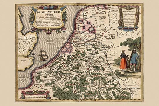 Belgium Map Poster Print by Pieter Van der Keere showcasing the historical regions and cultural diversity.