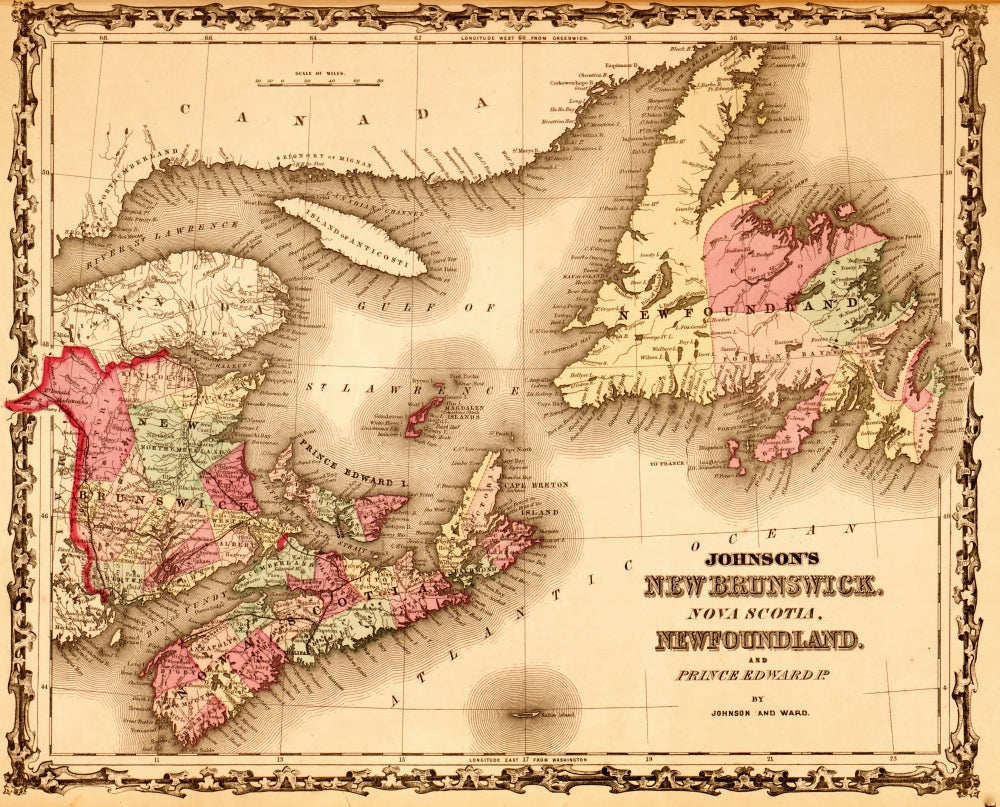 New Brunswick & Newfoundland 1862 Poster Print showcasing historical landscapes.