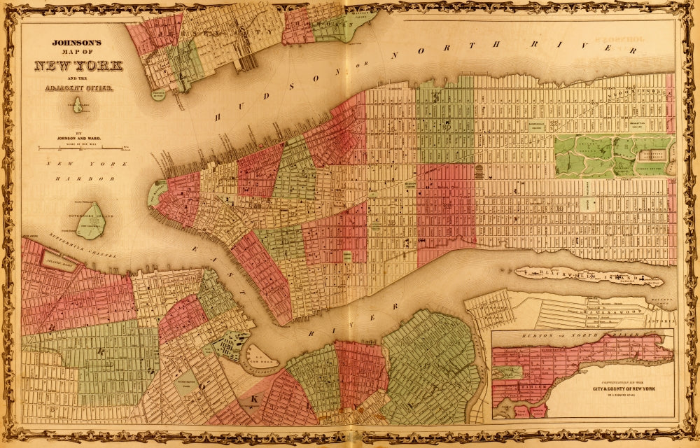 Manhattan Island 1862 poster print showcasing historical New York City.