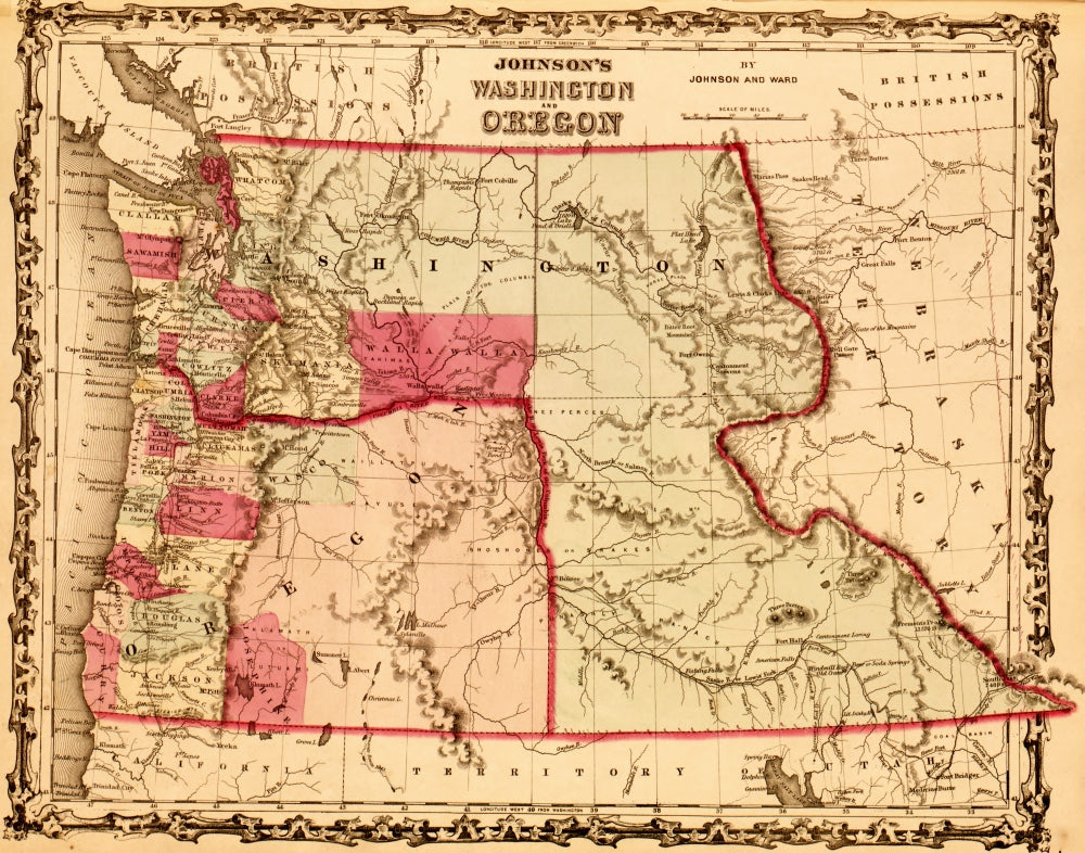 Washington & Oregon Territories 1862 Poster Print showcasing historical map details.