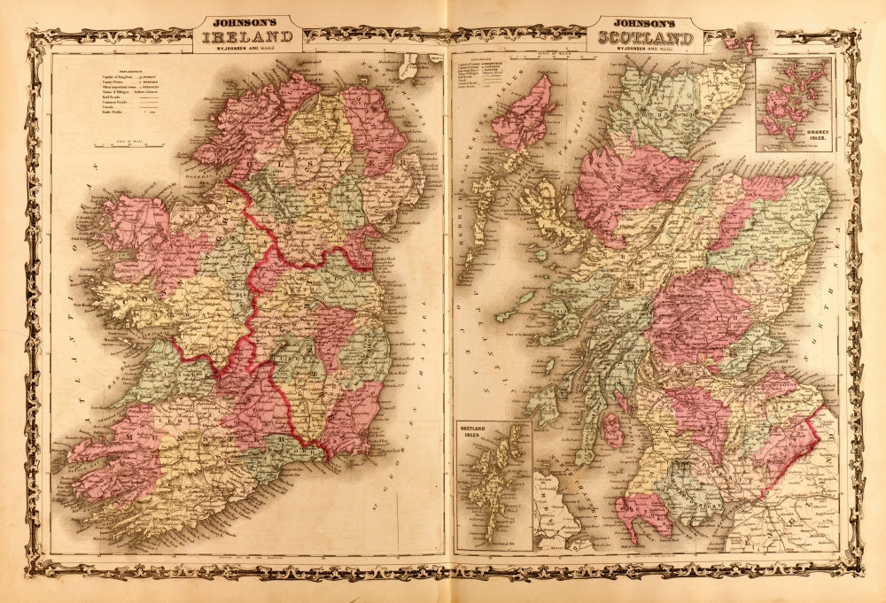 Ireland & Scotland 1862 Vintage Map Poster Print showcasing intricate cartography.