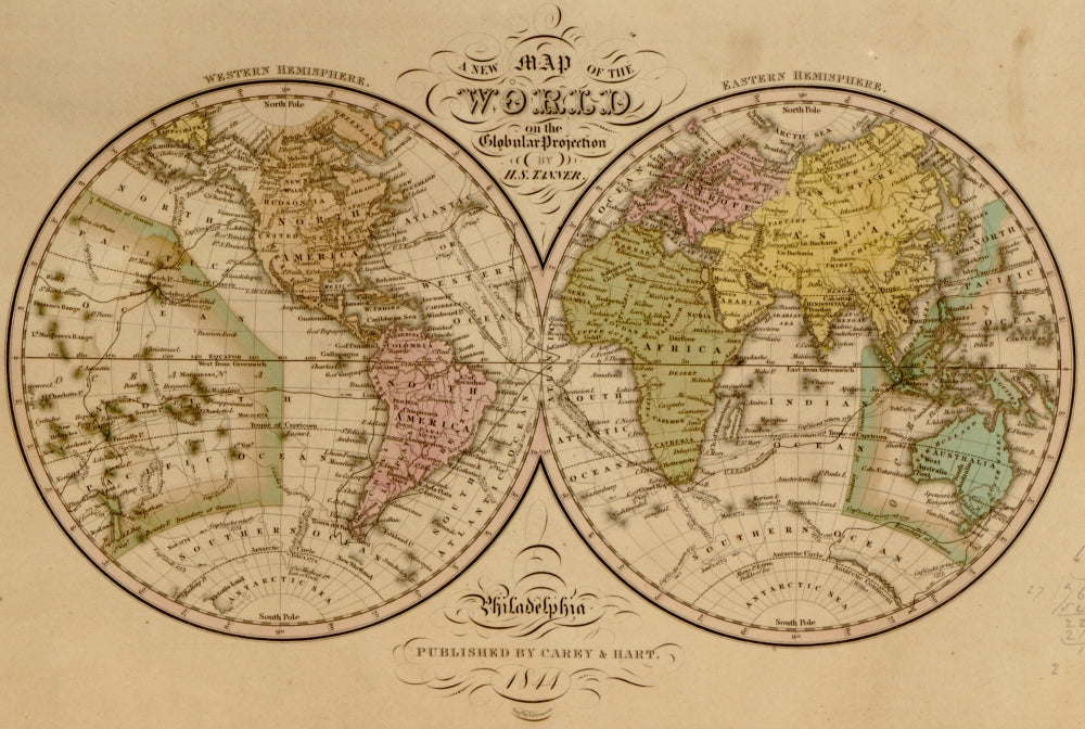 1844 World Map Poster Print featuring vintage cartography art.