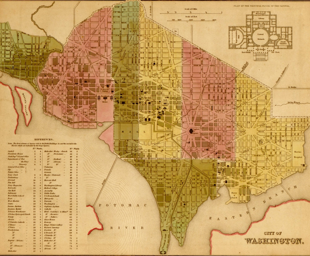 Washington DC 1844 Historical Poster Print showcasing iconic landmarks.