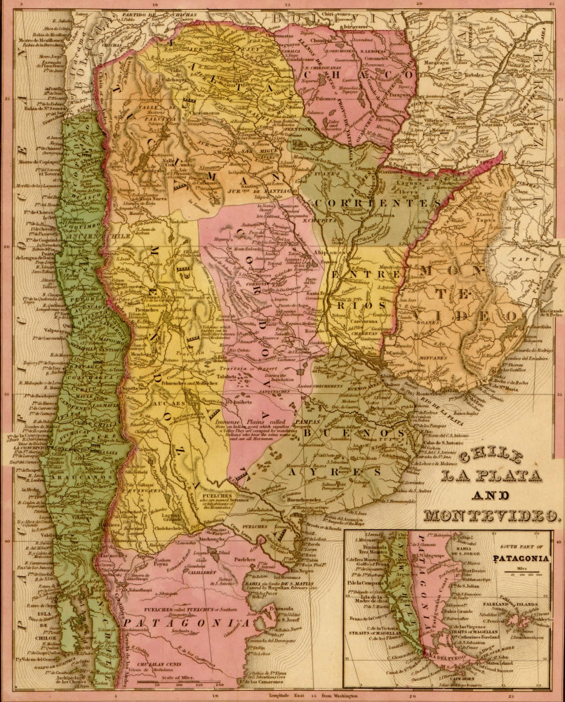 Chile, La Plata & Montevideo 1844 Poster Print showcasing historical South American cities.